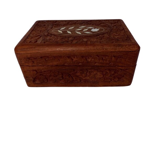 Vintage Hand Carved Wooden Box Mother of Pearl Inlay Floral Leaf Jewelry Chest - Picture 3 of 9